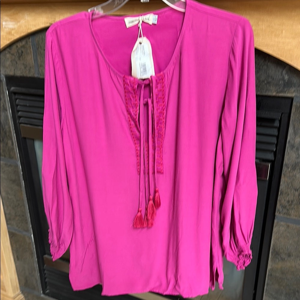 NWT Johnny Was Pink Long Sleeve Tie Front Peasant Blouse Small